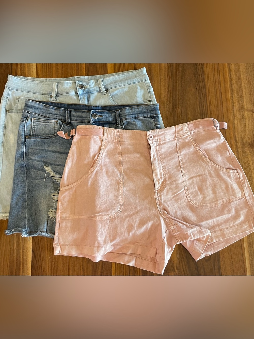 Trio of size 14 Grace & Lace Shorts - 2 denim with Frayed Hem, pink linen blend